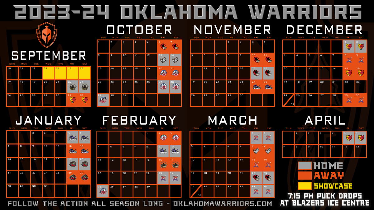 Mark your calendars, the 2023-24 schedule has been announced!!

After kicking things off at the 2023 NAHL Showcase, we'll host Colorado in our home-opener September 22!

#FightLikeWarriors⚔️ #OklahomaHockey #RunItBack