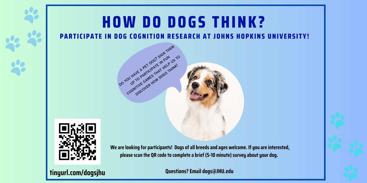 Christopher Krupenye (@chriskrupenye) on Twitter photo 🚨 Baltimore-area dog lovers!!
Are you curious about what goes on in your dog's mind?
Help us find out by signing your dog up to participate in fun cognitive games at our newly launched Canine Minds Collaborative <a href="/JohnsHopkins/">Johns Hopkins University</a> <a href="/JHUArtsSciences/">Johns Hopkins Arts & Sciences</a> !
tinyurl.com/dogsjhu 🚨 Baltimore-area dog lovers!!
Are you curious about what goes on in your dog's mind?
Help us find out by signing your dog up to participate in fun cognitive games at our newly launched Canine Minds Collaborative <a href="/JohnsHopkins/">Johns Hopkins University</a> <a href="/JHUArtsSciences/">Johns Hopkins Arts & Sciences</a> !
tinyurl.com/dogsjhu
