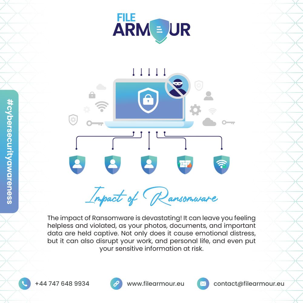 FileArmour's tweet photo. Impact of Ransomware:
The impact of Ransomware is devastating! It can leave you feeling helpless and violated, as your photos, documents, and important data are held captive and even put your sensitive information at risk.

#filearmour #RansomwareAwareness #DigitalFortress https://t.co/H0tz8ubxDK