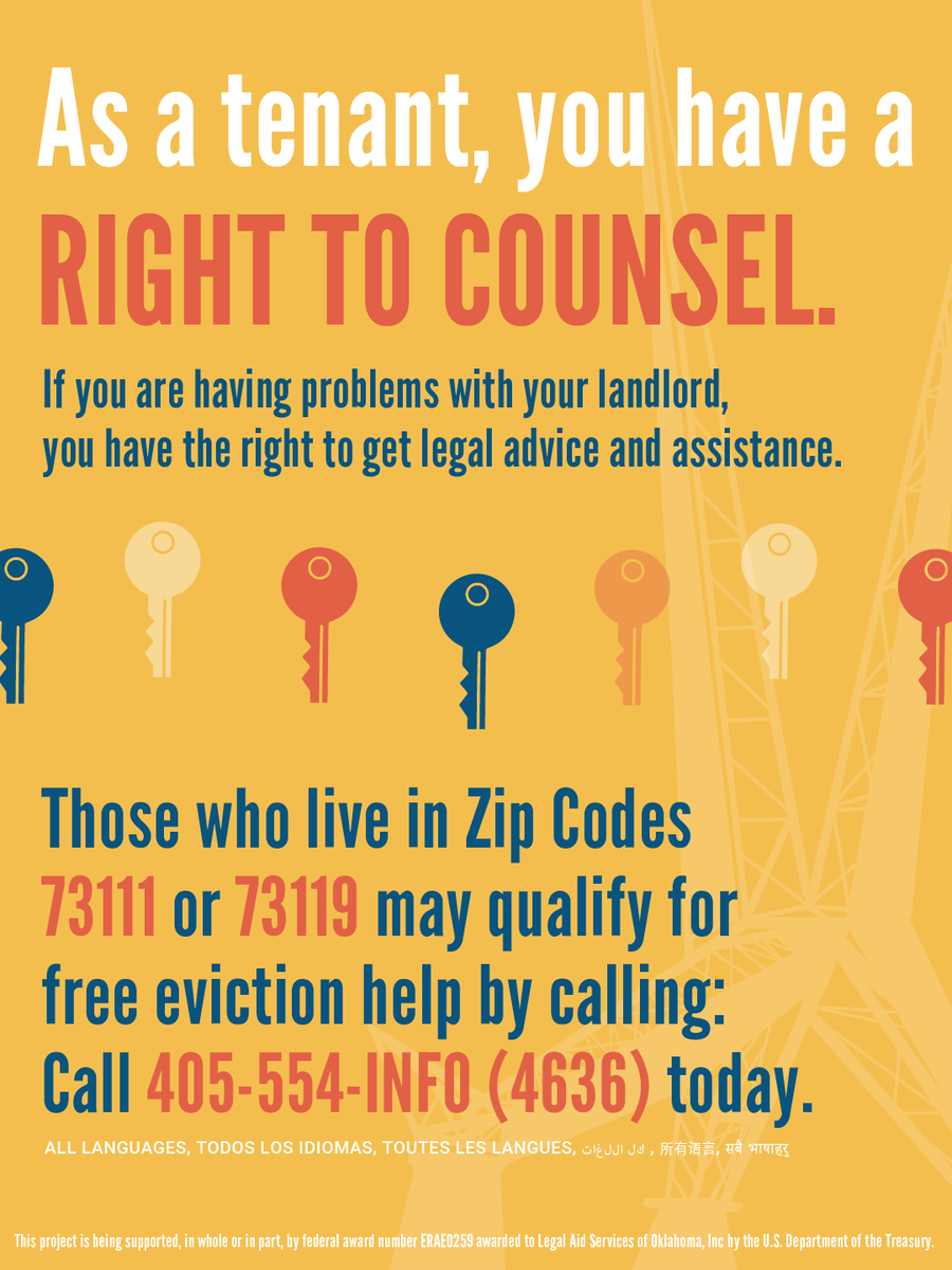 LegalAidSvcs_OK's tweet photo. Facing eviction or landlord issues? Get free legal advice or representation! If you live in Zip Codes 73111 or 73119, you may qualify. Call 405-554-4636 at the first sign of trouble. Don't live in these Zip Codes? Visit https://t.co/MhBLnNGtgk for help/info. #evictionhelp https://t.co/rbsytXVvKk