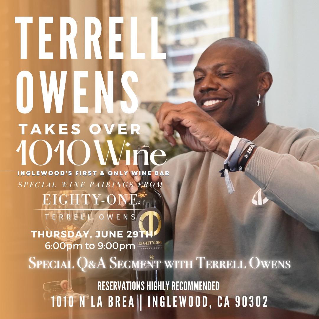 81_vino's tweet photo. Mark your calendar --
Join @TerrellOwens at @1010Wine in Inglewood for a fun evening

🎤 Q &amp; A with Terrell
🥂 Special Happy Hour including wine &amp; food pairing featuring Eighty-One wine
🎧 Live DJ 
❤️Candle giveaways from @loft81home

See ya there!  Walk-ins or Reservations https://t.co/GVOUEaFOIm