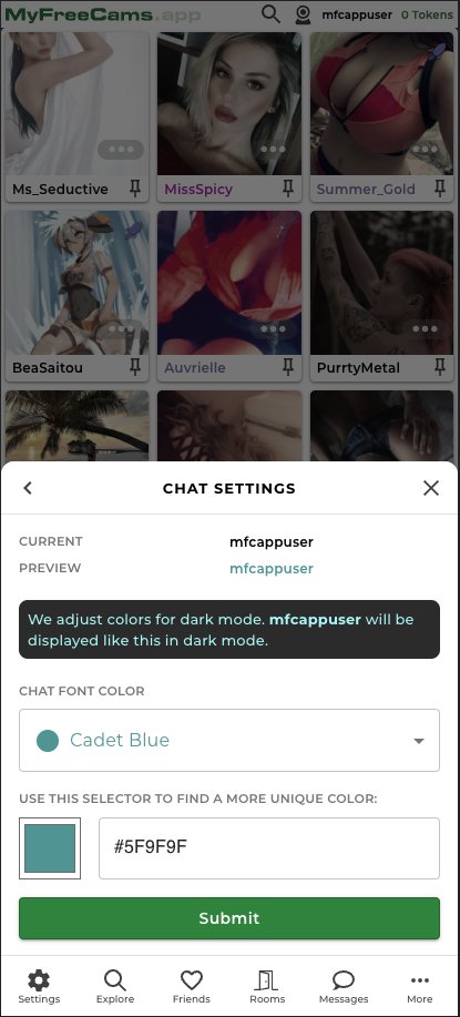 AppMyFreeCams's tweet photo. You may now change your preferred chat color on https://t.co/oMlSWZ35B0. To customize, go to More → My Account → Chat Settings. Additionally, on Home, you can now change your display mode from the floating toolbar. https://t.co/M1WFIoWSOB