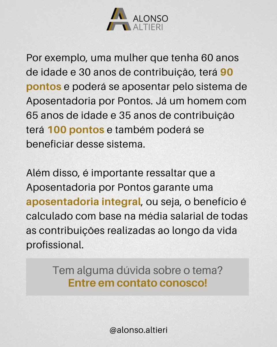 alonsoaltieri's tweet photo. Você já ouviu falar sobre a Aposentadoria por Pontos? 💼💤

🔢 É um importante benefício previdenciário que merece a nossa atenção. Descubra o que é e como funciona esse sistema que pode garantir uma aposentadoria mais tranquila. 📚🔍 Confira nos cards! https://t.co/HHQtf9ZiVY