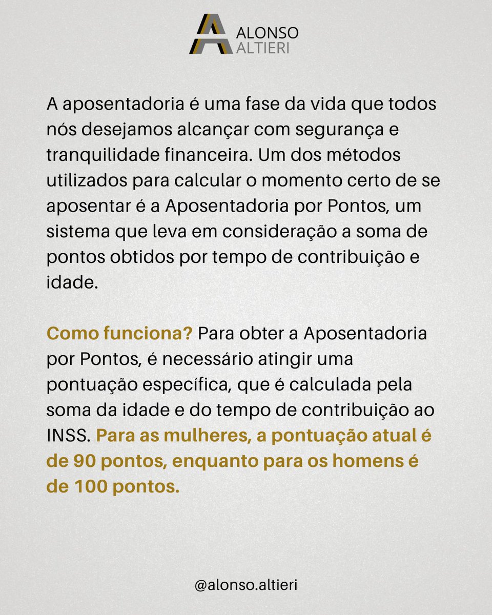 alonsoaltieri's tweet photo. Você já ouviu falar sobre a Aposentadoria por Pontos? 💼💤

🔢 É um importante benefício previdenciário que merece a nossa atenção. Descubra o que é e como funciona esse sistema que pode garantir uma aposentadoria mais tranquila. 📚🔍 Confira nos cards! https://t.co/HHQtf9ZiVY