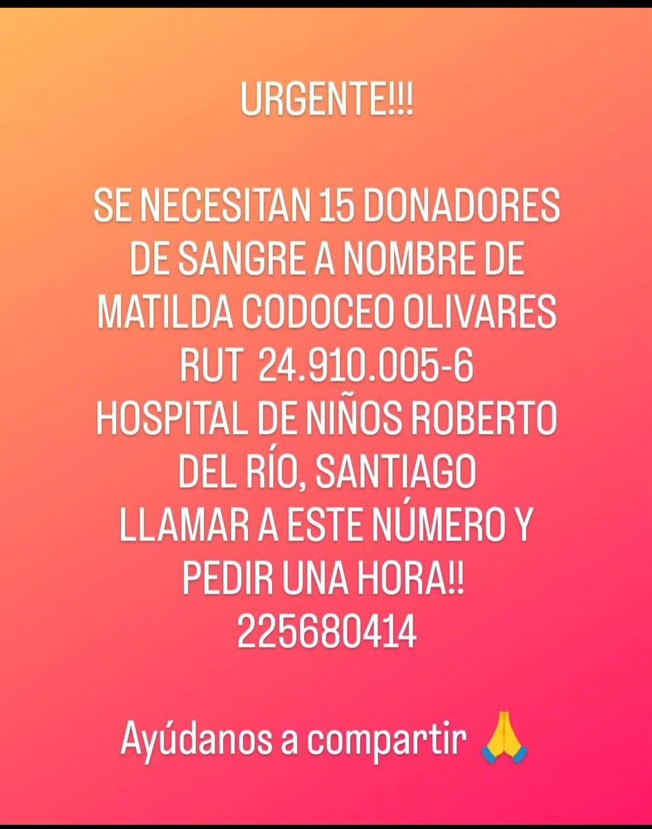 Por favor gente de santiago necesitamos DONANTES URGENTE PARA LA PEQUEÑA MATILDA CODOCEO...
<a href="/hgfabrega/">HG Fabregas</a> <a href="/EduardoRojas_H/">Eduardo Rojas H</a> <a href="/KarendTV/">Karen Doggenweiler L</a> <a href="/mariseka/">Marisela Santibáñez Novoa</a> <a href="/CDLS_OFICIAL/">CD La Serena Oficial</a> <a href="/brito_tobar/">Rodrigo Brito</a> <a href="/PaolaDragnic/">Pao Dragnic</a> <a href="/Rh_Negativos/">Rh Negativos Chile</a> <a href="/robertoexbomber/">EMERGENCIAS REGION DE COQUIMBO</a> <a href="/K3LCALDERON/">Raquel Calderón</a> <a href="/U_LOSDEABAJO/">★BARRA LOS DE ABAJO★</a> <a href="/adnradiochile/">Radio ADN</a>