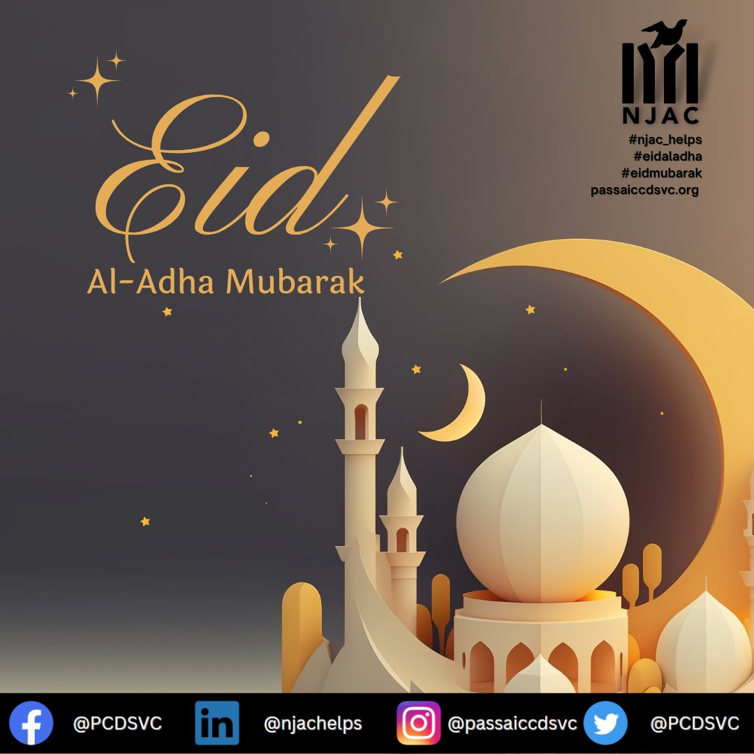 Eid Mubarak! Sending the very best to Muslims celebrating Eid al-Adha today. Eid al-Adha symbolizes the values of self-sacrifice, moderation, and equality.

#EidAlAdha #EidMubarak2023 #love #diversity #inclusion #EidMubarak #passaiccountynj #newjersey #njac_helps