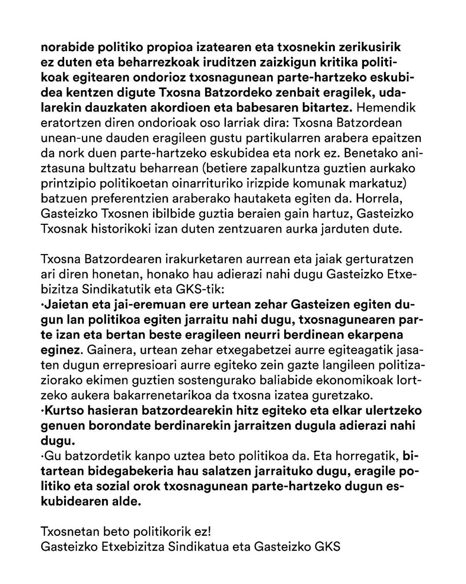 🔴 GASTEIZKO ETXEBIZITZA SINDIKATUA ETA GKS-k TXOSNA BATZORDEAREN IRAKURKETAREN HARIRA: 

<a href="/Kontseilua_Gast/">Kontseilu Sozialista Gasteiz</a>