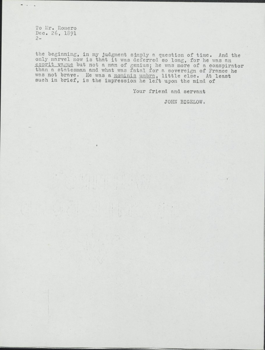 BigelowPapers's tweet photo. December 26, 1891- A letter to Matías Romero Avendaño from John Bigelow about the French expedition of Mexico. Romero was a Mexican politician and diplomat who served as Secretary of Finance and twice as ambassador of Mexico to the United States during the 19th century. https://t.co/nQqpkRCsxo