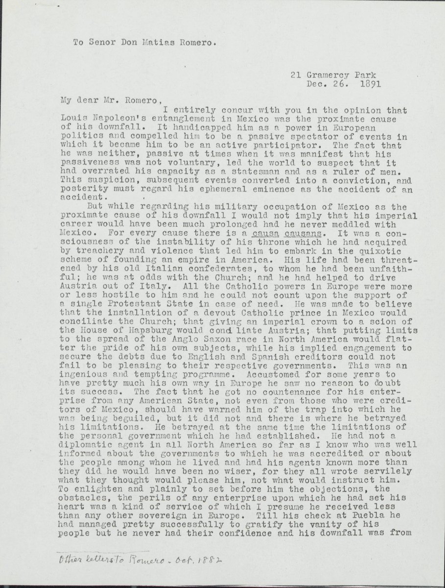 BigelowPapers's tweet photo. December 26, 1891- A letter to Matías Romero Avendaño from John Bigelow about the French expedition of Mexico. Romero was a Mexican politician and diplomat who served as Secretary of Finance and twice as ambassador of Mexico to the United States during the 19th century. https://t.co/nQqpkRCsxo