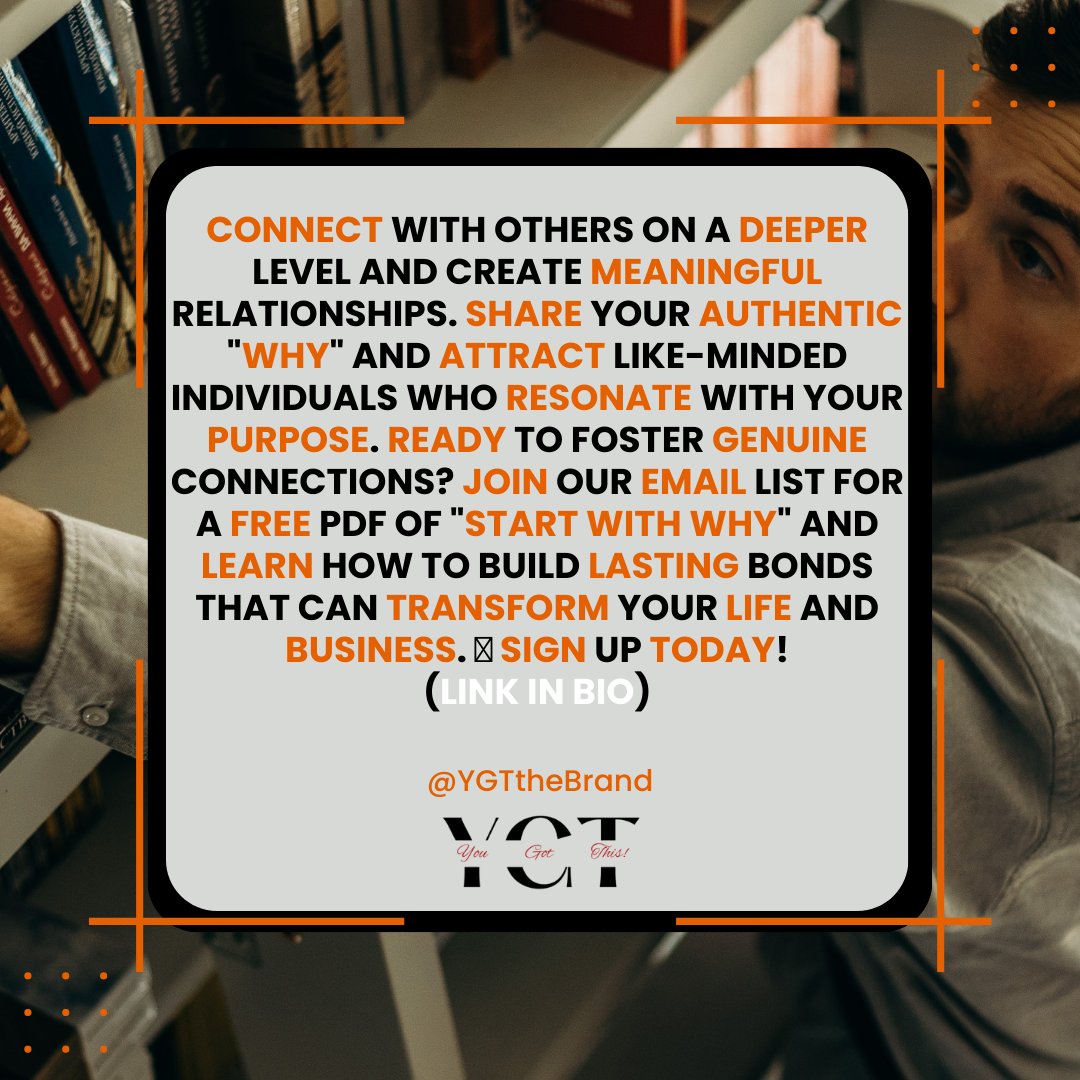 DnkoWsr's tweet photo. Share your authentic "why" and attract like-minded individuals who resonate with your purpose. Ready to foster genuine connections? Join our email list for a FREE PDF of "Start with Why"🤝 Sign up today! (Link in bio) #ShareYourWhy #TransformLives #Authenticity #YGT #YouGotThis https://t.co/YplCWR3lvJ