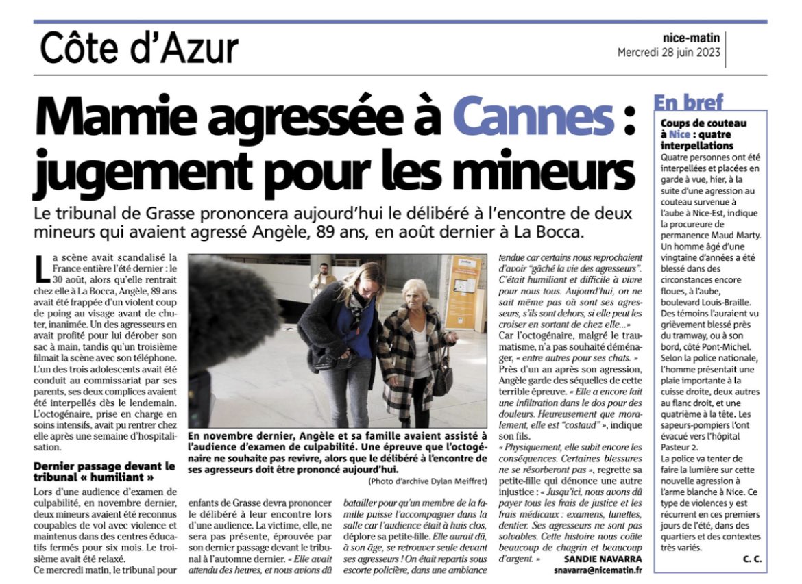 Lionel_Tivoli's tweet photo. Les deux agresseurs qui ont sauvagement attaqué Yvette, 89 ans, ne sont condamnés qu’à un an de prison avec sursis probatoire. Ils pourront rentrer chez eux, dès aujourd’hui. 

Il n’y aura ni émeute, ni feu en solidarité à Yvette traumatisée à jamais après son agression pour quelques euros à Cannes, le 29 août 2022.