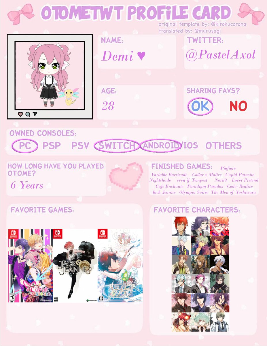 PastelAxol's tweet image. Hi Everyone! ~  🌸

I finally made my #otometwtintro 🌸

(I play otome constantly so in a weeks time, this probably won&apos;t be accurate &amp;gt;.&amp;lt;) 

Feel free to add me on Switch: SW-5350-4950-4817 🌸