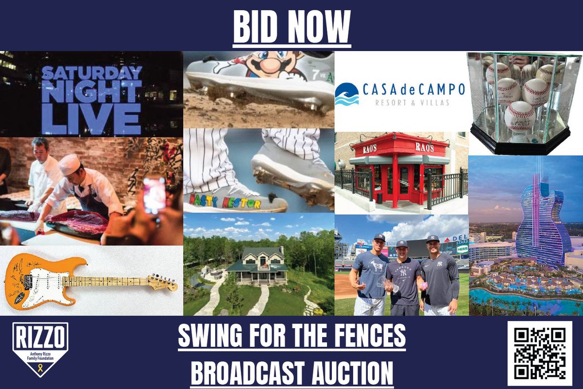 RizzoFoundation's tweet photo. The 2023 Swing for the Fences Broadcast Auction is NOW LIVE! 

One-Of-A-Kind experiences and memorabilia. Join us July 7  for our broadcast takeover on @YESNetwork as the @Yankees take on the @Cubs. 

Bid now! 
https://t.co/woG4uNk5Ck https://t.co/aoJdtQaV3K