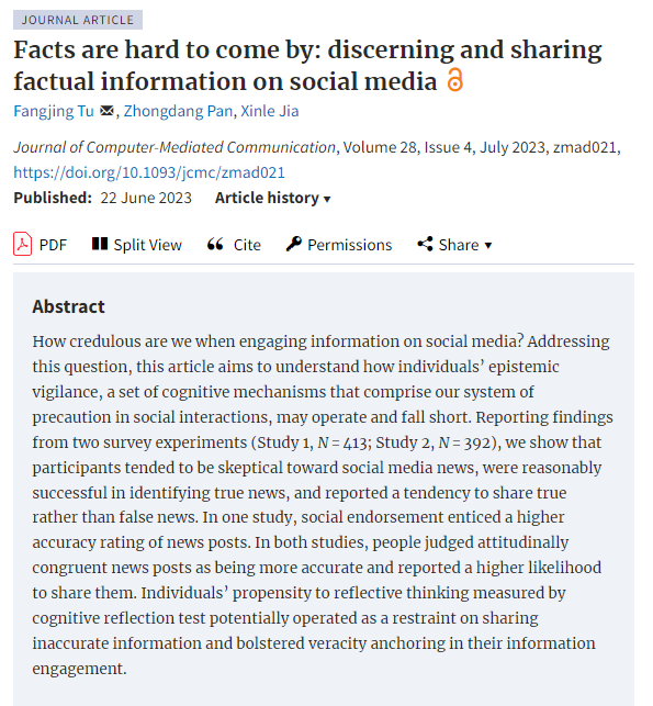 ica_jcmc's tweet photo. We’re excited to introduce the newest #jcmc publication "Facts are hard to come by: discerning and sharing factual information on social media" by @fangjingtu, Zhongdang Pan, and Xinle Jia!  Read it here: https://t.co/snyXpE6xp6 https://t.co/QlDUorwHEx