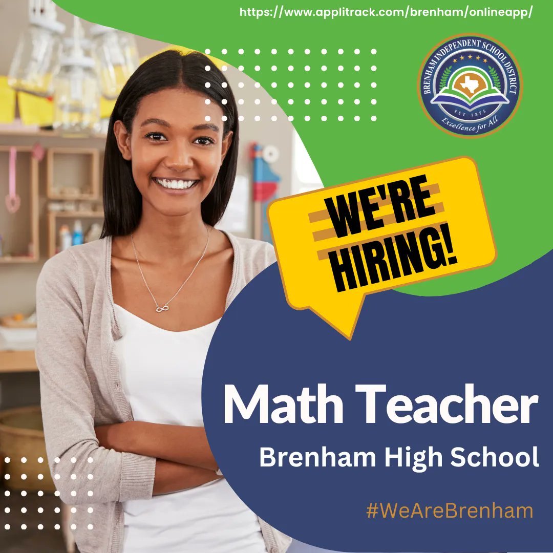 Brenham ISD Job Opportunity: 
Math Teacher at Brenham High School
Visit buff.ly/3jVzHhn to apply. 
<a href="/BrenhamISD/">Brenham ISD</a>
 #WeAreBrenham