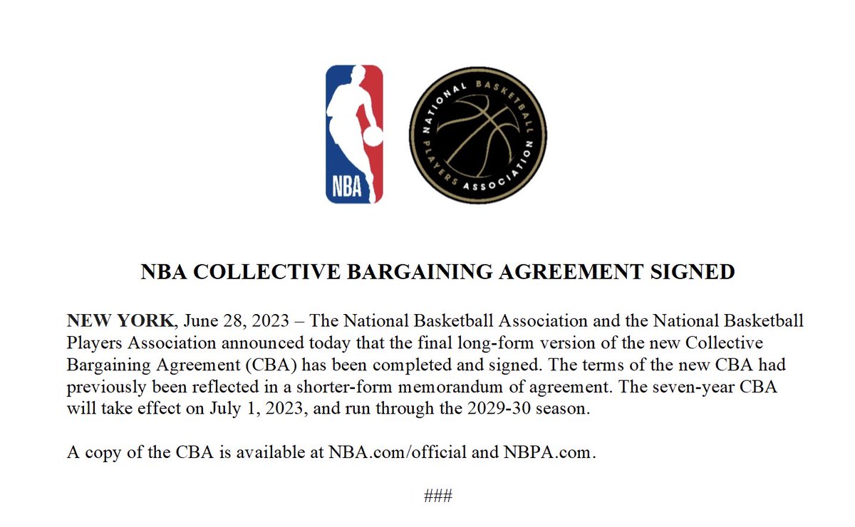 NBPA on Twitter "NBA collective bargaining agreement signed. Read more
