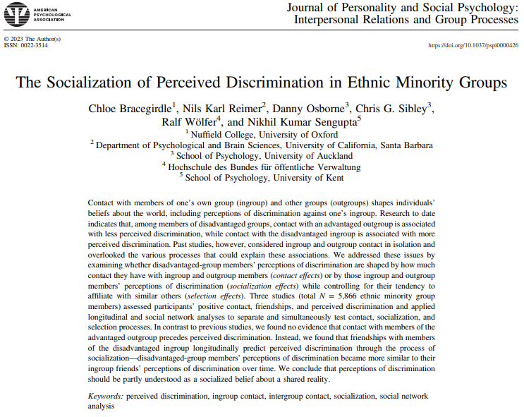 Chloe Bracegirdle (@bracegirdle_c) on Twitter photo Across three studies we find no evidence of the ironic effect of intergroup contact - instead we find that ingroup contact shapes perceptions of discrimination through socialization. New paper out in JPSP! doi.org/10.1037/pspi00… <a href="/reimthyme/">Nils Reimer</a> <a href="/PsychSengupta/">Nikhil Sengupta</a> <a href="/ChrisGSibley/">Chris G Sibley</a> Across three studies we find no evidence of the ironic effect of intergroup contact - instead we find that ingroup contact shapes perceptions of discrimination through socialization. New paper out in JPSP! doi.org/10.1037/pspi00… <a href="/reimthyme/">Nils Reimer</a> <a href="/PsychSengupta/">Nikhil Sengupta</a> <a href="/ChrisGSibley/">Chris G Sibley</a>