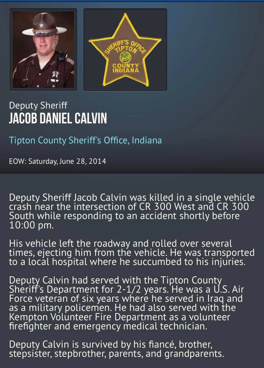 IndianaLawEnfo1's tweet photo. From the Facebook page of St. Joseph County PD. Remembering & honoring Deputy Sheriff Jacob Daniel Calvin of the Tipton County Sheriffβs Office.π#JacobDanielCalvin #IndianaFallenOfficer #OTD #TiptonCountyIN #TiptonIndiana #InTheLineOfDuty #JacobCalvinMemorialBridge https://t.co/yiY6U9MUl1
