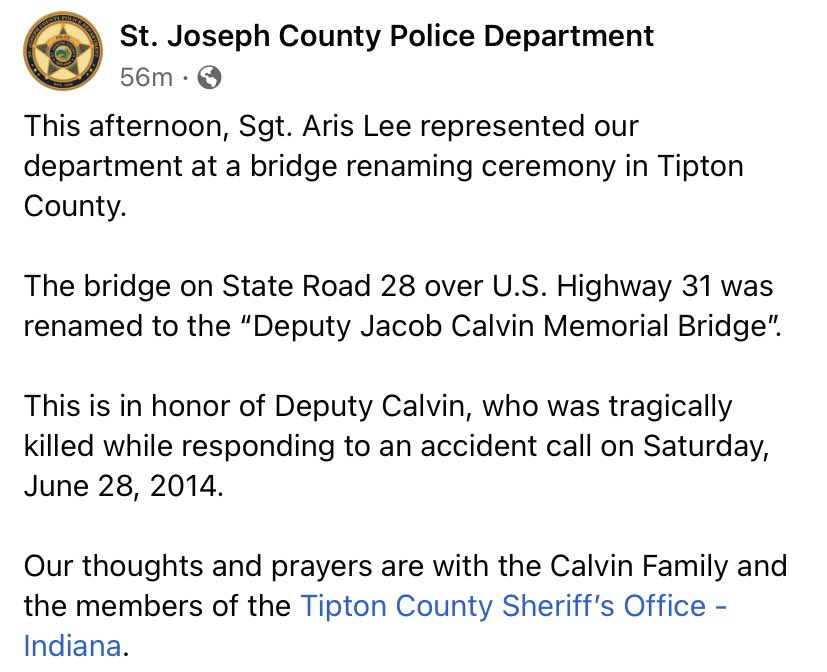 IndianaLawEnfo1's tweet photo. From the Facebook page of St. Joseph County PD. Remembering & honoring Deputy Sheriff Jacob Daniel Calvin of the Tipton County Sheriffβs Office.π#JacobDanielCalvin #IndianaFallenOfficer #OTD #TiptonCountyIN #TiptonIndiana #InTheLineOfDuty #JacobCalvinMemorialBridge https://t.co/yiY6U9MUl1