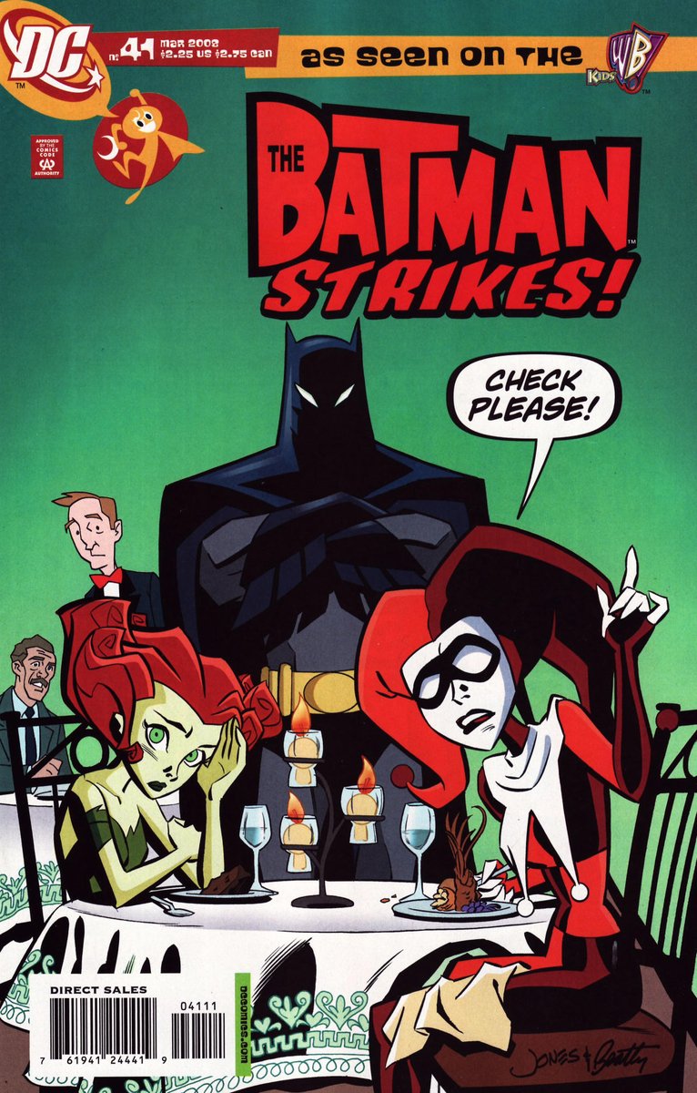 ChrisJonesArt's tweet image. Another personal favorite of my covers for DC comics. #HarleyQuinn was a relatively late addition to the #BatmanStrikes series and when I got a script that was her having an outing with #PoisonIvy that included taking over a restaurant, I had this fun idea for a cover. #Batman