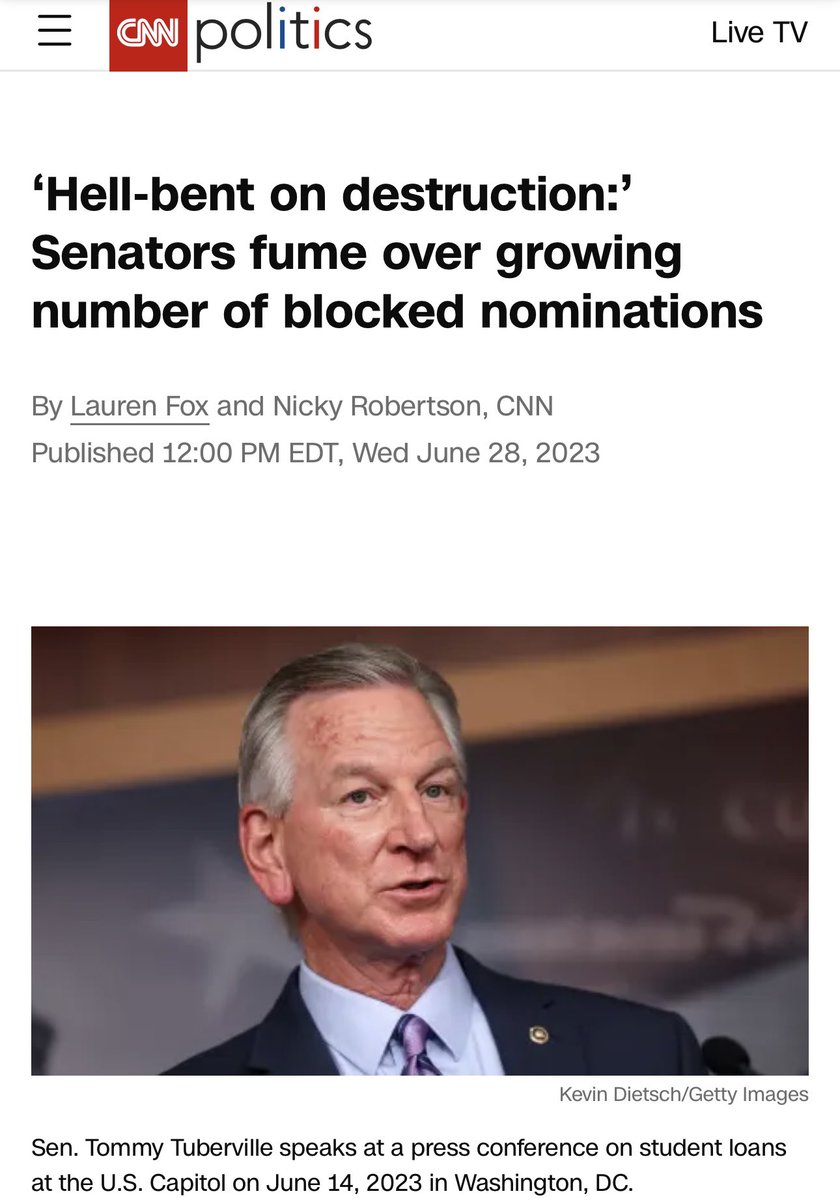 DC_Draino's tweet photo. This is how we *fight*

Alabama Senator @TTuberville has been holding up 250+ military promotions for 5 months in opposition to the DOD’s abortion policy

It would take months for Schumer to circumvent his obstruction w/floor votes so this causes serious problems for Democrats, especially since many are being promoted to install Woke military leadership at the top

Sen. Tuberville will be rewarded by the great people of Alabama for his strength & I hope other Republicans in DC take notes

We may not have full power, but we should damn well flex the power we do have

America is under attack from within by a Marxist infiltration so act accordingly and fight back like Sen. Tuberville