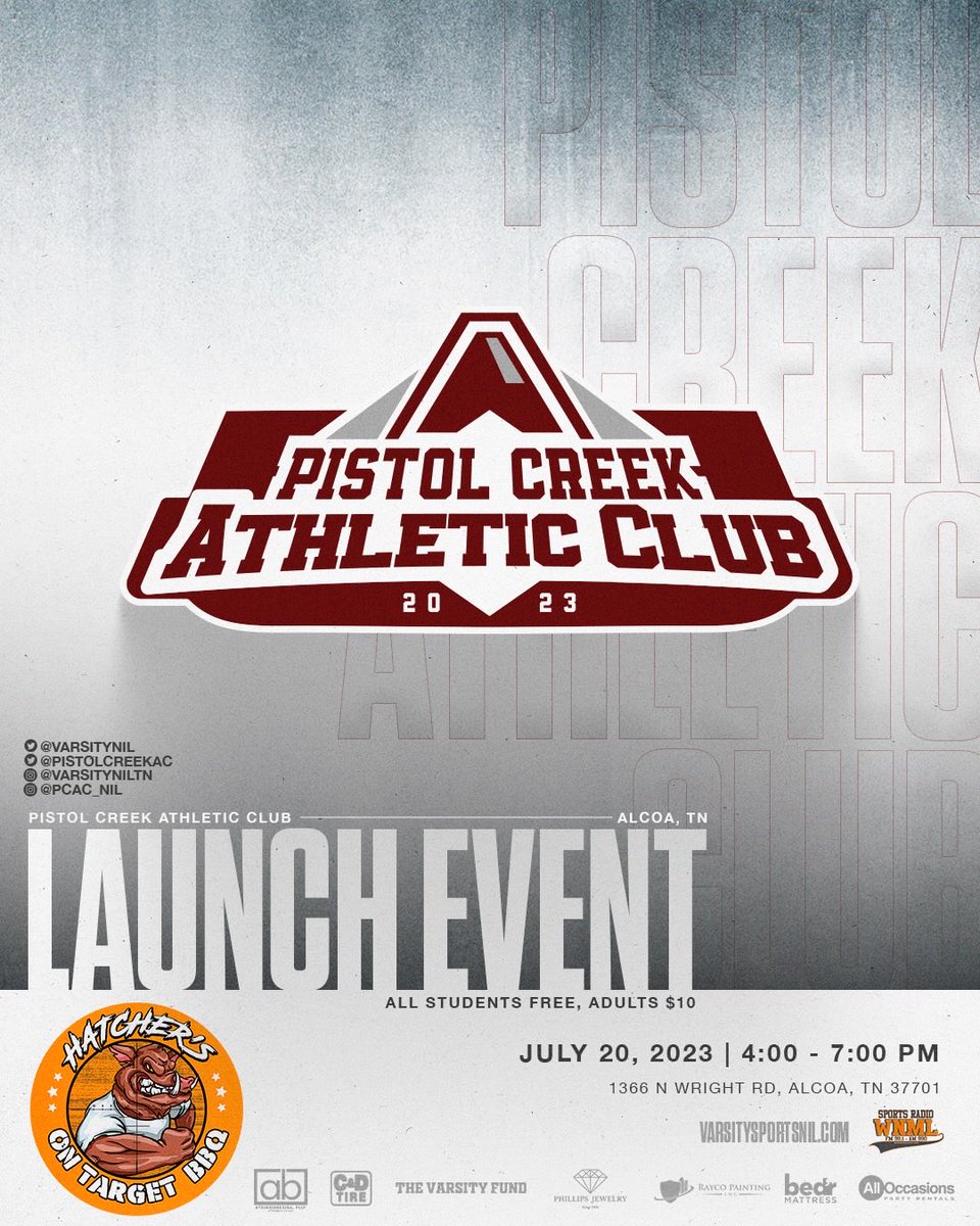 Playerdevfund's tweet photo. Come help us celebrate and launch one of our collective groups for Varsity, Pistol Creek Athletic Club, at Hatchers on Target BBQ in Alcoa on July 20th! Admission is free for kids and adults is $10 each! We hope to see you there! https://t.co/NWGlF1ZsTJ