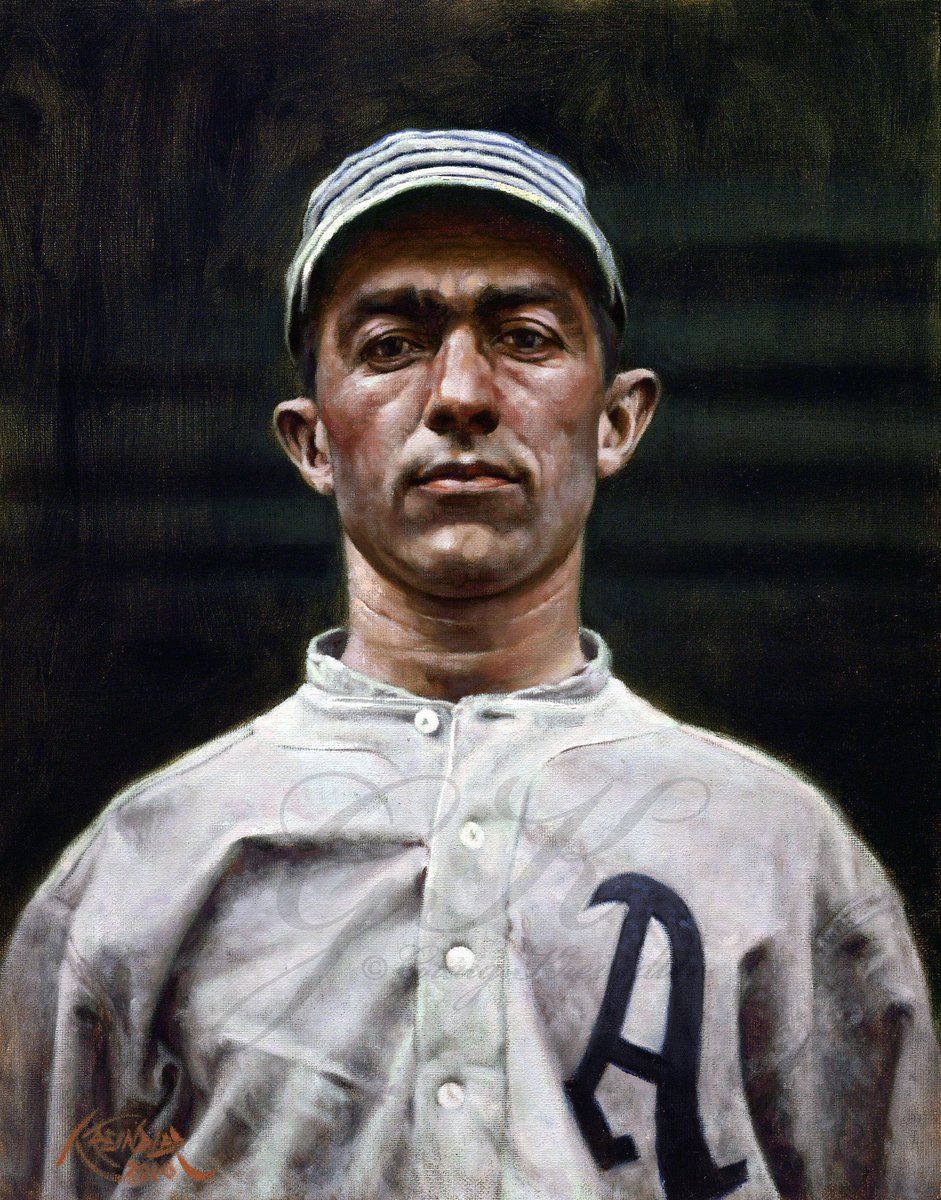 #OTD in 1963, John Franklin “Home Run” Baker passed away at the age of 77. He was one of the era’s most feared sluggers, having led or tied the American League for most homers per season from 1911-1914. Here's my painting of him with the Philadelphia Athletics in 1913.