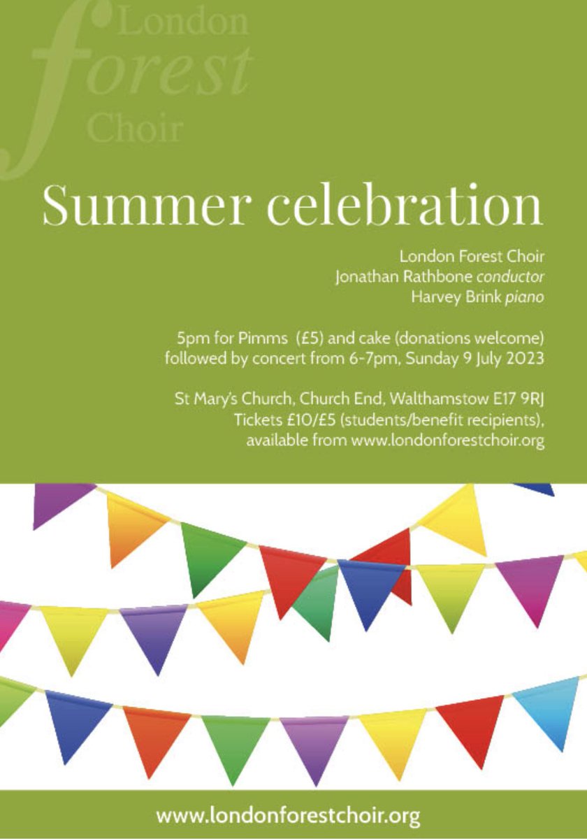 Our last concert of the season is on 9th July <a href="/StMarysE17/">St Mary's Walthamstow</a>  conducted by <a href="/jlrathbone/">Jonathan Rathbone</a>  Join us for Pimm’s and cake from 5pm, followed by an eclectic hour of music ranging from Byrd to Rodgers and Hammerstein.