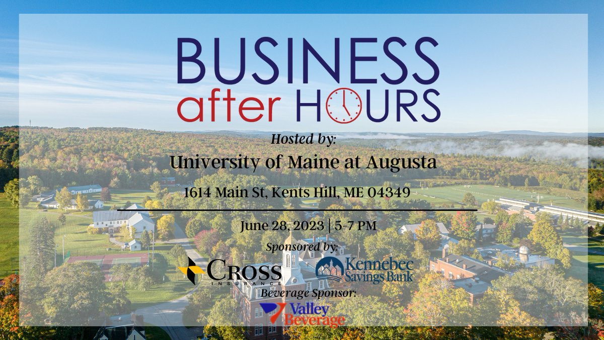 KennebecChamber's tweet photo. It's about that time! ⏳ Join us tonight for our Business After Hours starting at 5:00 PM at Kents Hill. 

Walk-ins are welcome!

#kvchamber #mainebiz #events #tonight https://t.co/cfyyZE20E2