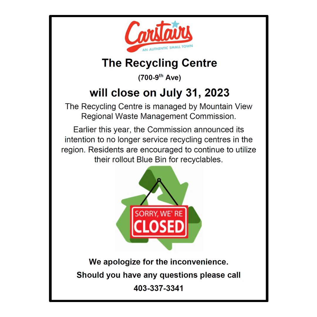 Recycling Centre - Closure - 700 9th Ave
The Recycling Centre will close on July 31, 2023.
Residents are encouraged to continue to utilize their rollout Blue Bin for recyclables.
We apologize for the inconvenience.
Should you have any questions please call 403-337-3341.