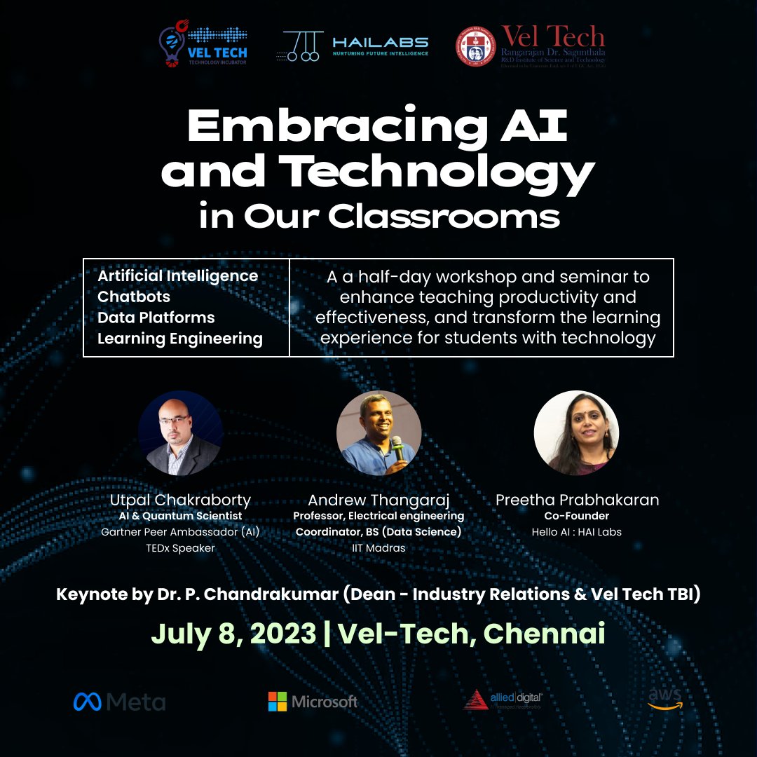 📢 Attention #Chennai Teachers! 📚

A transformative workshop on 'Embracing AI and Technology in Our Classrooms', organised for you in collaboration with -
@iitmadras 
@TBI_Veltech 
@Hailabsofficial 

Join: lnkd.in/eaEGfGVW

#ai #teachers
#AIinEducation #EdTech #AIforIndia