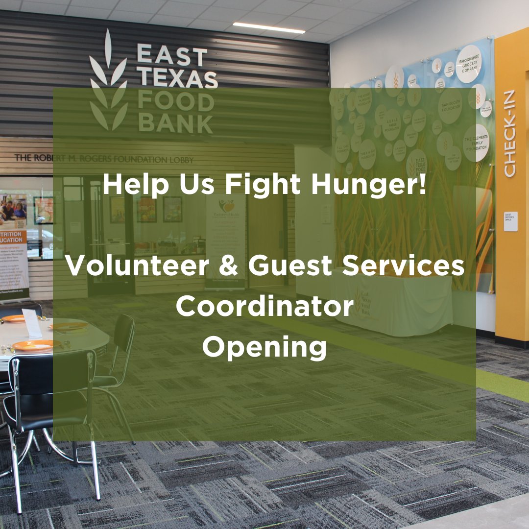 ETFB has an opening for a Volunteer &amp; Guest Services Coordinator. This position plays an important role in coordinating, scheduling and facilitating successful operation of the Volunteer and Nutrition Education Center.
Learn more here: easttexasfoodbank.org/who-we-are/car…