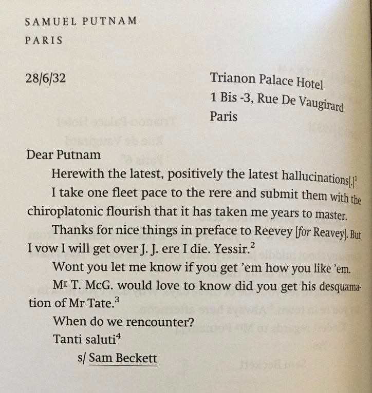 johnstonglenn's tweet photo. "I vow I will get over J.J. ere I die. Yessir."  

- Samuel Beckett to Samuel Putnam OTD in 1932

Putnam had described Beckett as one of 3 or 4 after-Joyce Irishmen with promise. https://t.co/e2htHSuMQx