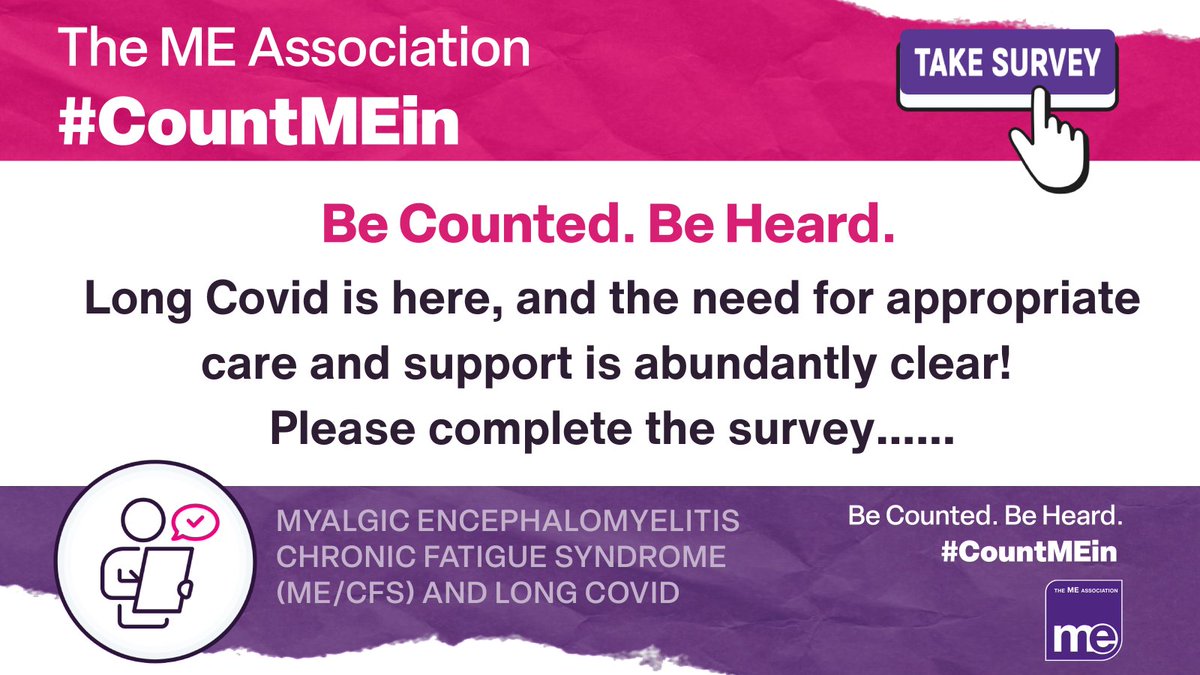 MEAssociation's tweet photo. Count ME In Campaign - Please complete the survey….. 

Be counted, be heard. Long Covid is here, and the need for appropriate care and support is abundantly clear!

https://t.co/o4ewd1xhLZ

#pwME #MECFS #MyalgicE #PostCovid #pwLongCovid #pwLC #CountMECFS #CountLongCovid #CountMEin
