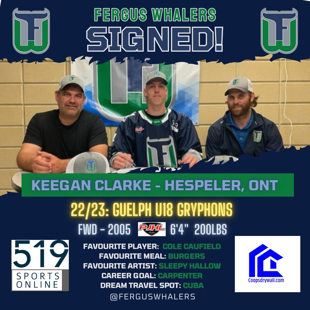 FergusWhalers's tweet photo. OFFICIAL:  Whalers announce signing of Guelph U18 Gryphons forward Keegan Clarke

The Whalers are very excited to announce the signing of Keegan Clarke to a Standard Player Agreement for the 2023-2024 season!!

#HailToTheWhale

@play_the_pj 
@equip_mgr_ducky https://t.co/O9COkrghbo
