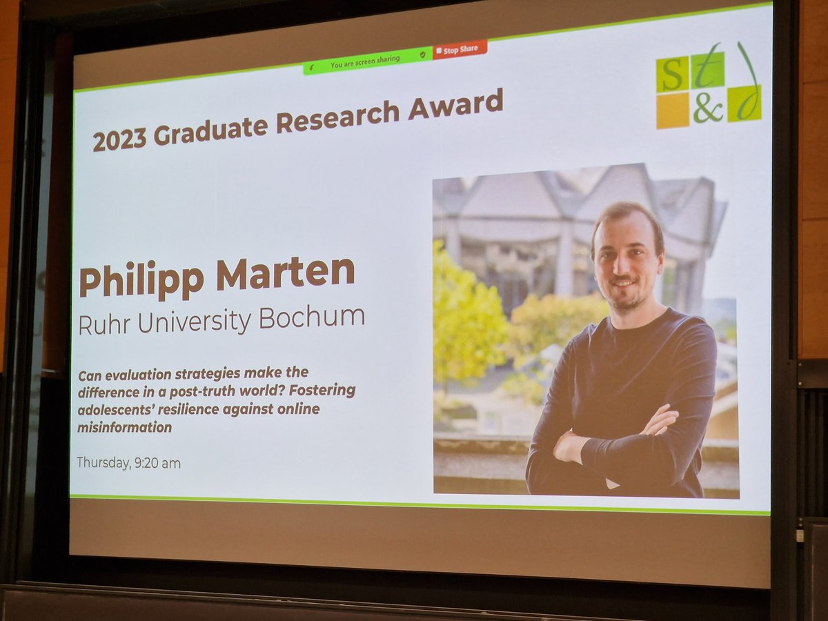 MarcStadtler's tweet photo. So excited that @plmarten has been awarded the Graduate Student Research Award at #textdiscourse2023. He received the prize for his work on teaching strategies against misinformation funded by @telekomstiftung. My congratulations on a great success! @SRO_RUB @ruhrunibochum https://t.co/t9x4wD7RTF