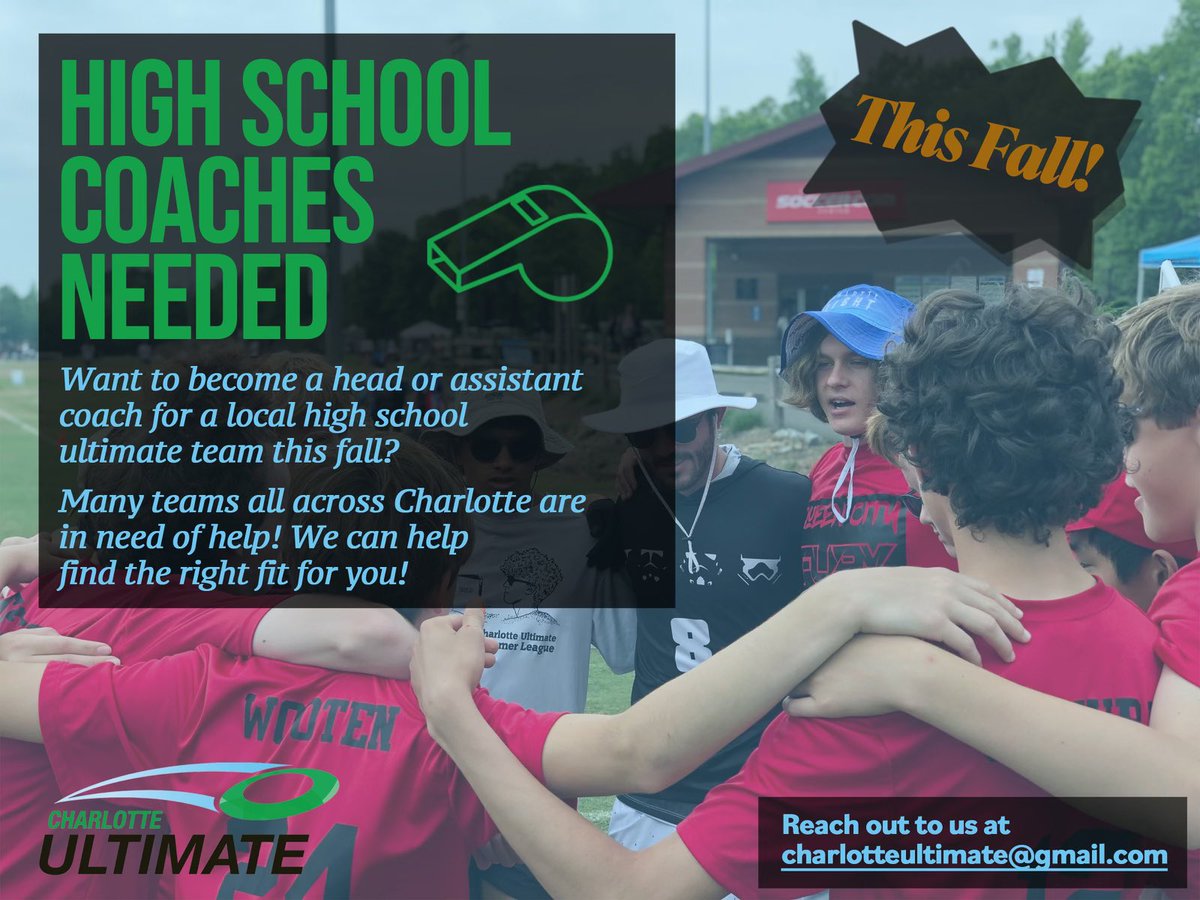 Charlotte Ultimate (@cltultimate) on Twitter photo Are you interested in being a head coach or an assistant coach for any of the local HS ultimate teams? If you are, let us know!
Reach out to us at charlotteultimate@gmail.com Are you interested in being a head coach or an assistant coach for any of the local HS ultimate teams? If you are, let us know!
Reach out to us at charlotteultimate@gmail.com