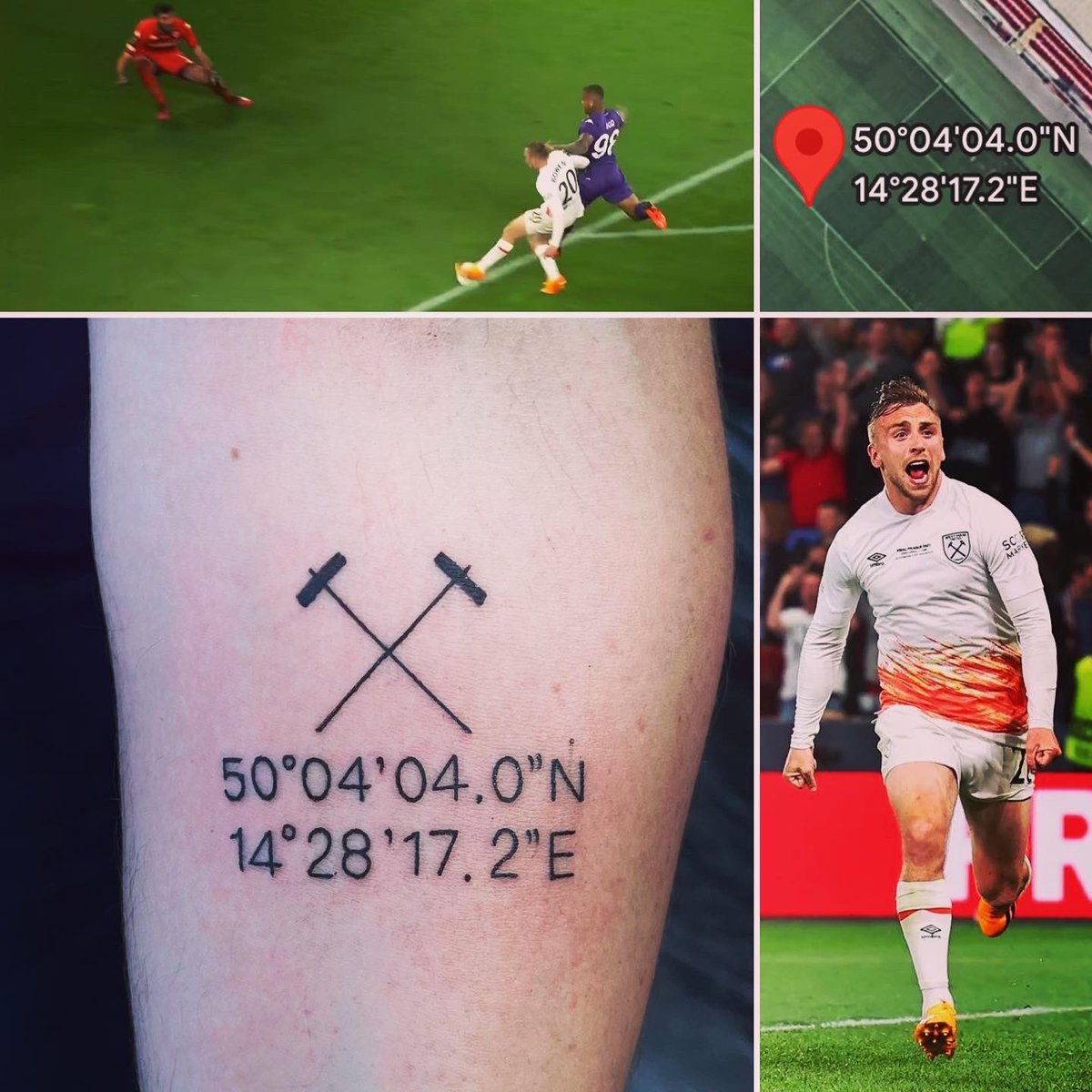 I’ve finally joined the inked skin society & couldn’t be happier about it

My love of @WestHam mixed with my love of simplistic precision

The coordinates being the exact location where Jarrod Bowen struck the ball that secured us the first trophy I’ve witnessed us lift