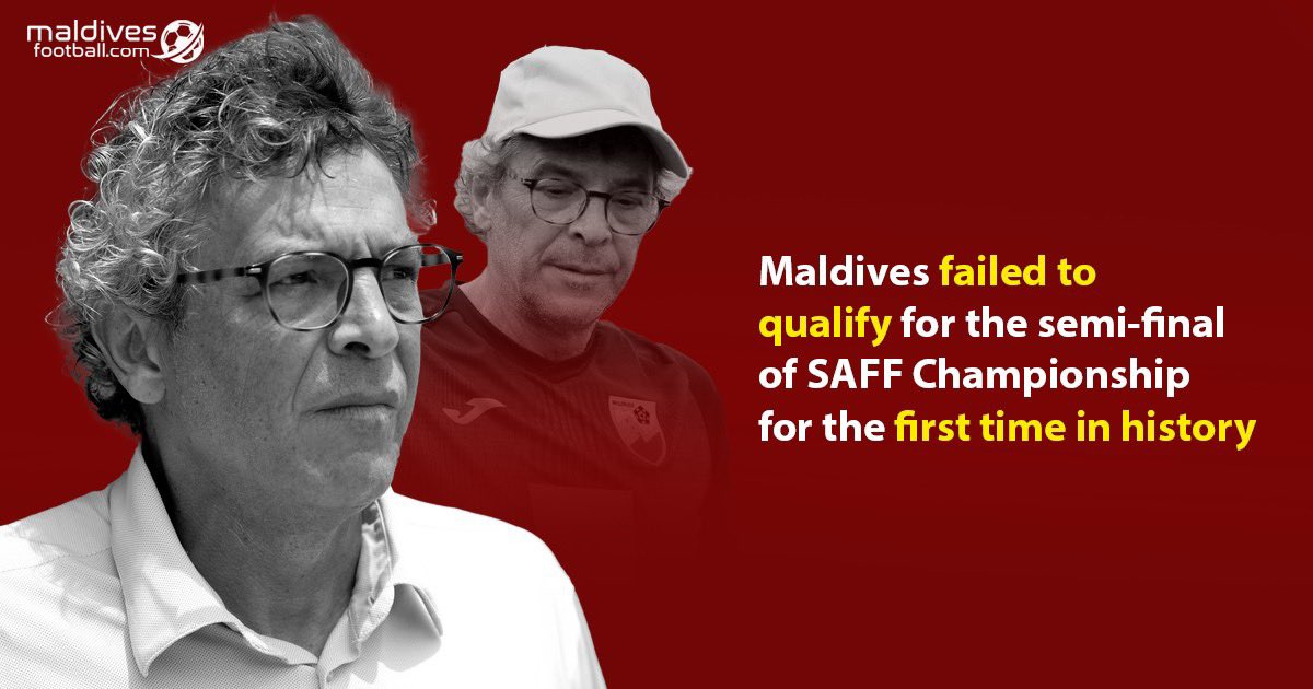 mdvfootball's tweet photo. History is made! 

Maldives failed to qualify for the semi-final of SAFF Championship for the first time in history. 

#MaldivesFootball #FAM #RedSnappers https://t.co/EGUyGTS23o