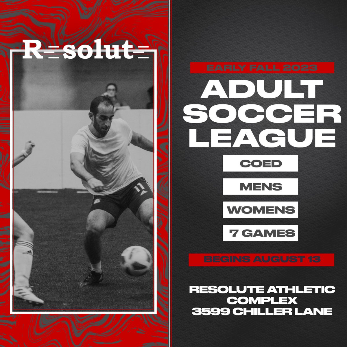 Registration is now open for Early Fall Adult Soccer League. Sign up today to secure your spot. Brand new session with newly renovated South Field! Click the link below to select your division. Thank you.

resoluteac.com/adult-soccer-l…