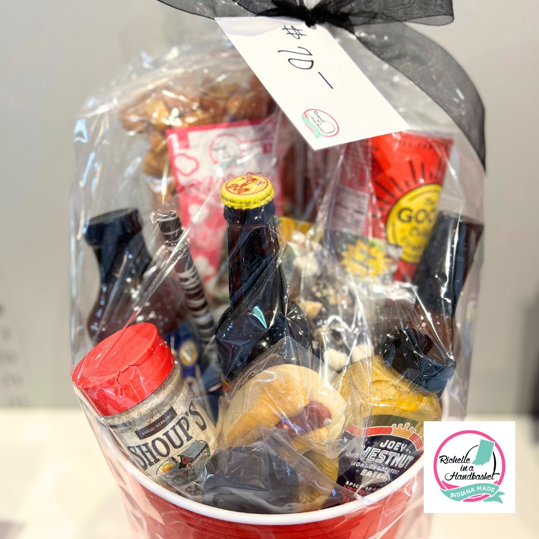 A gift basket without a recipient is one of the saddest things in our shop. Can someone stop in and give this bucket-o'-joy a good home? #RichelleInAHandBasket #IndianaMade #GiftBaskets #SoGood #GivingIsLiving