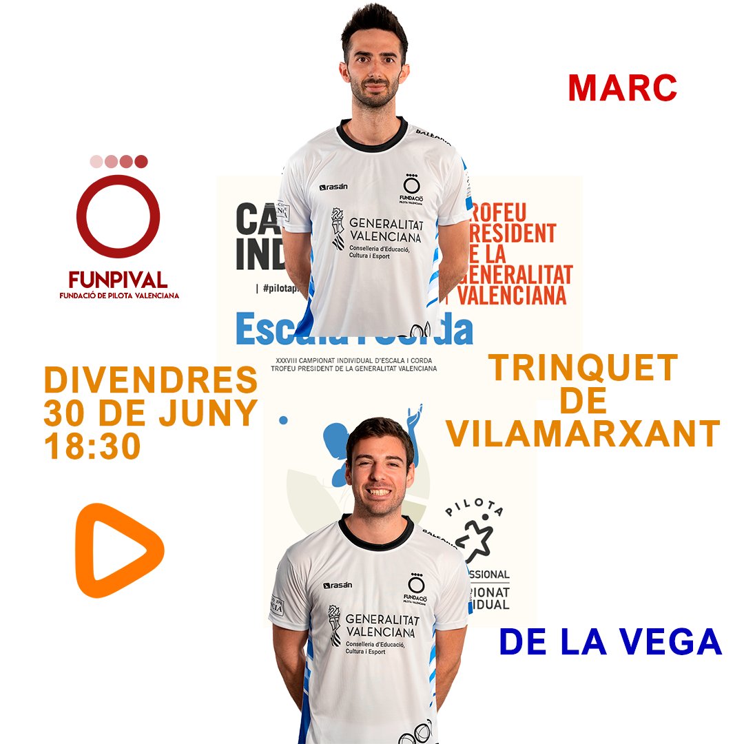 #PilotaProfessional #PilotaProximia Este viernes conoceremos 3r y 4º puesto del individual! <a href="/funpival/">funpival</a>

🏆XXXVIII CAMPIONAT INDIVIDUAL D'#ESCALAICORDA TROFEU PRESIDENT DE LA
<a href="/generalitat/">Generalitat</a>
🗓️30 DE JUNIO 
📍TRINQUET DE VILAMARXANT
🔴MARC
🔵DE LA VEGA

proximiatv.com/stream/MlGrZnU…