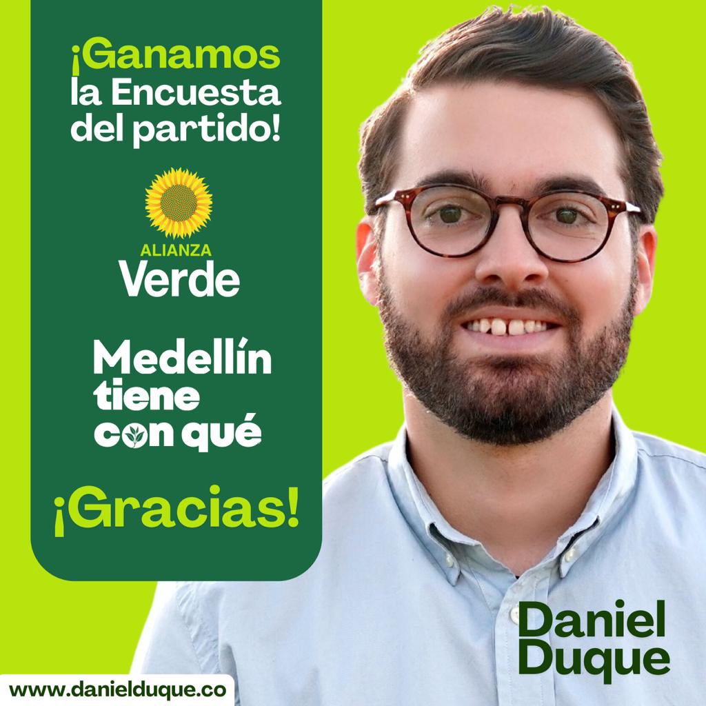 danielduquev's tweet photo. Mucha gente me está llenando de mensajes en todas partes felicitándome por ganar la encuesta del @PartidoVerdeCoL. A todas esas personas mil y mil gracias. Vamos a inspirar, a unir y a ganar. Quiero dejar un par de mensajes por aquí:

1. Felicitar a mi compañero @JaimeCuartas por una campaña decente en este tiempo, siempre primó el respeto y la cordialidad a pesar de nuestras diferencias.

2. No he podido salir públicamente porque estoy con una gripa que me tiene afectado y en cama.

3. Con este resultado gana el Partido, los resultados son alentadores y me motivan a trabajar el doble por lograr el objetivo final: que Medellín sea gobernada con amor y transparencia.

4. Estoy absolutamente convencido de que #MedellínTieneConQué. Que a pesar de las dificultades, de la crisis que estamos atravesando, de los momentos complejos, vamos a reponernos. Trabajaré fuertemente para que avancemos en la construcción de una visión compartida de ciudad que atienda los problemas estructurales que tenemos aplazados.

¡Gracias infinitas!