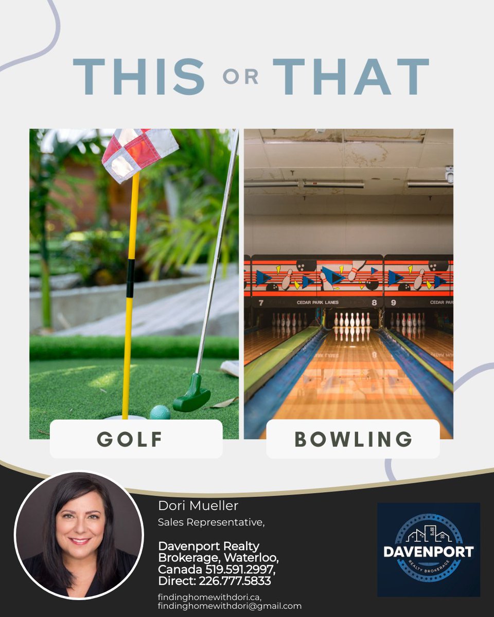 Summertime is all fun and games. Which is your favorite, miniature golf or bowling?

#ThisOrThat #Bowling #Golf #SummerTime #Games #Sports #waterlooregion #waterlooregionrealestate #findinghomewithdori #kwawesome #lovemyhood #sellinghomes #buyinghomes #resalehomes #realtormom