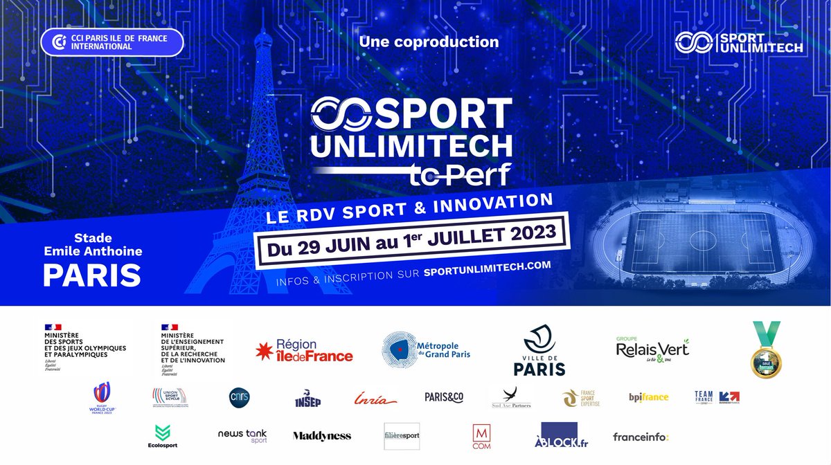 Startups et entreprises de la #SporTech, ne manquez pas Sport Unlimitech to Perf, du 29 juin au 1er juillet, le rendez- vous pour booster votre filière !
N'attendez plus pour vous inscrire 
👉entreprises.cci-paris-idf.fr/web/internatio… #Innovation @SportUnlimitech