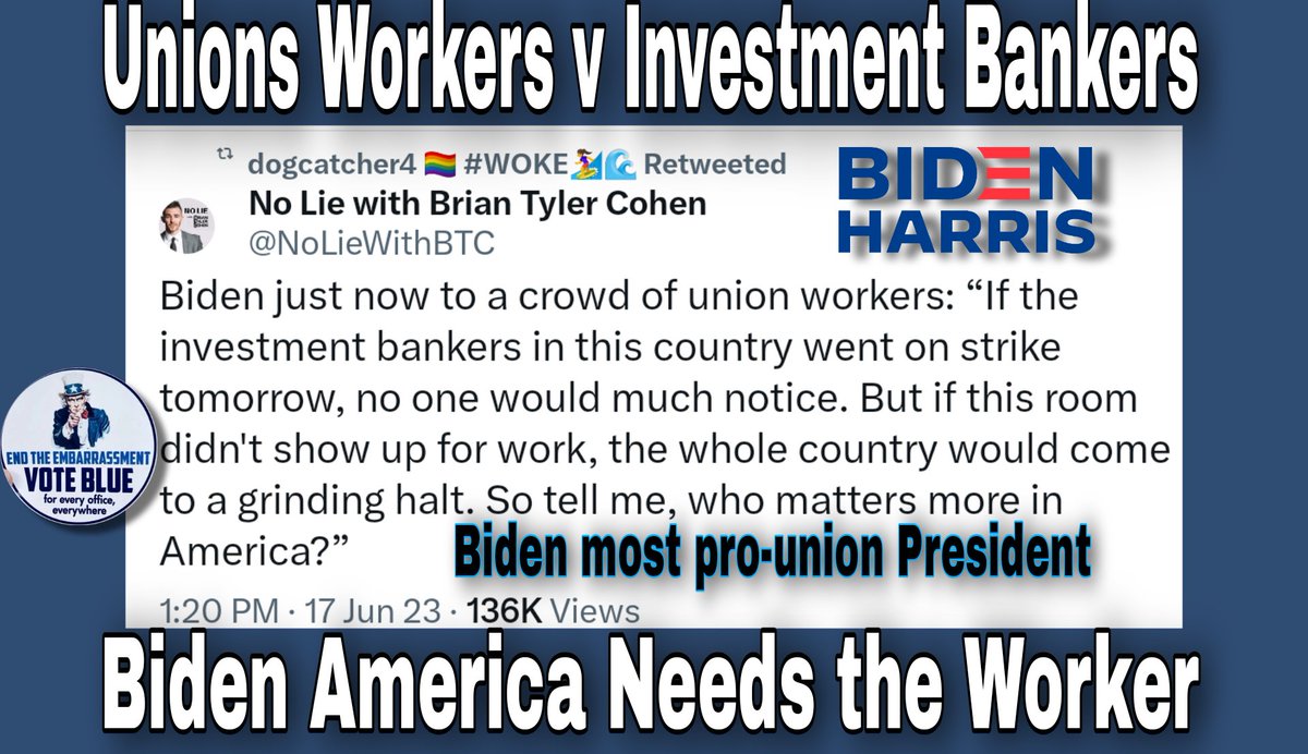 EllaVotes4Dems's tweet photo. There's no doubt, @POTUS stands with workers, supporting #UnionsForAll to provide Americans a #LiveableWage & #benefits to improve families lives. #Bidenomics is geared toward regular people, not the rich or #corporations like the #GOP does. #InvestInPeople is the emphasis #Vote https://t.co/1snjzmOFnF