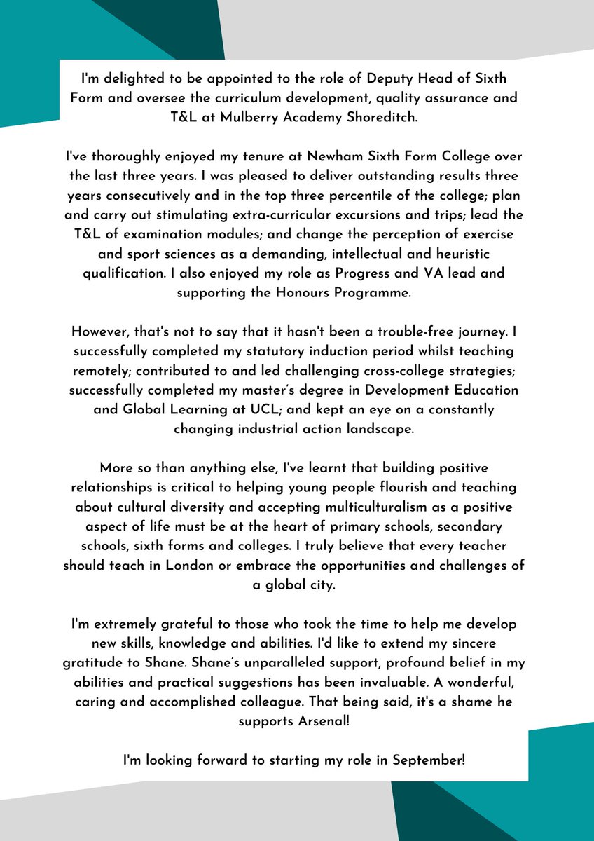 I'm delighted to be appointed to the role of Deputy Head of Sixth Form and oversee the curriculum development, quality assurance and T&amp;L at Mulberry Academy Shoreditch. I'm looking forward to starting my role in September!