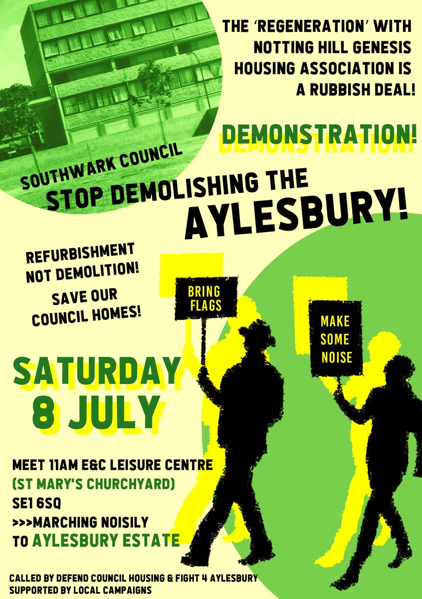 📣📣 We are back on the street on 8 July for the national day of housing action. Join the demo from Elephant and Castle to the Aylebsury Estate, and make some noise against demolition and for refurbishment. With @DCHcampaign @SouthwarkNotes and @SGTOonline See you there!
