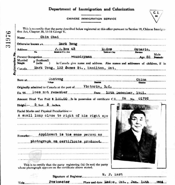 The newly-released Chinese Exclusion Act records from Library and Archives Canada list 65 people of Chinese origin in Hastings County. They include Chin Chai, a laundryman from Madoc. The records are now available on Ancestry and FamilySearch.
