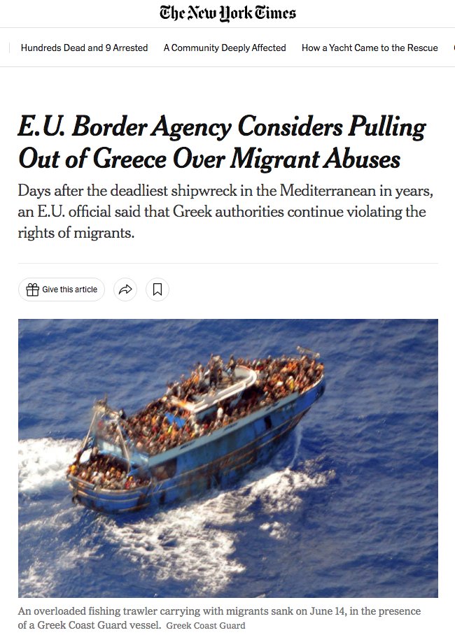 antonkelaidon's tweet photo. NYT ,June 27, 2023:
«Ο Οργανισμός Συνόρων της Ε.Ε. εξετάζει το ενδεχόμενο να αποχωρήσει από την Ελλάδα για τις κακοποιήσεις μεταναστών» ⬇️
#frontex #Μητσοτάκης #εκλογές #εκλογες2023 #pylos #πυλος_εγκλημα #πυλος #ναυαγιο_στην_πυλο #ναυαγιο #migrants #Refugees #greekboatdisaster https://t.co/m5OzENfxdT